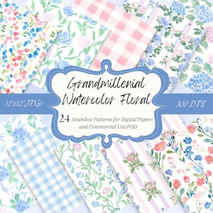 Aquarell Blumen Muster - Pastell Grandmillennial Digitales Papier Kit für Scrapbooking, POD, Handwerk, Junk Journals, Streifen & Karo