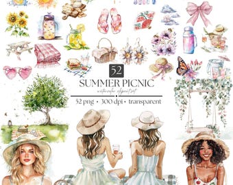 Summer Picnic Watercolor Clip Art Bundle – 52 PNG Images, Gingham, Strawberries, Picnic Basket, Floral, Vintage Aesthetic, Commercial Use