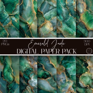 Emerald Jade Digital Papers: Luxe Green Marble Gemstone Scrapbook Paper Pack, Gold Veined Crystal Texture Printable Backgrounds