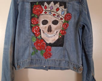 Happy skeleton for Dia de las Muertes on denim Jacket