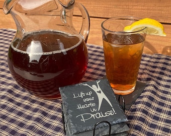 Engraved Slate Coasters: Custom Drink Coaster Set with Holder
