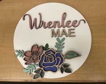 Custom Floral Name Sign 14"– Layered Laser-Cut Nursery Decor Round Sign