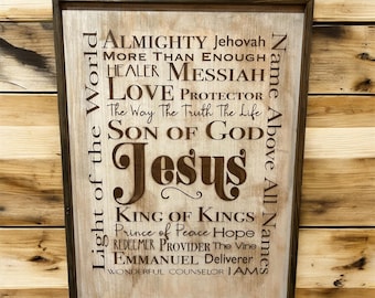 Engraved Names of Jesus Framed Sign, Christian Wall Art