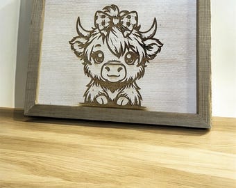 Baby Highland Cow Wooden, Engraved Sign, Rustic Farmhouse Decor (8" x 10")