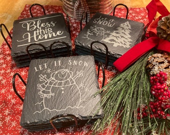 Custom Engraved Slate Coaster Set, Holiday Seasonal Gift
