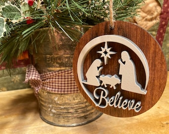 Handmade Laser-Cut Nativity Ornament: Birch Wood, Christian Christmas Decor