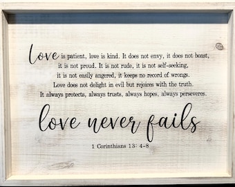Rustic Engraved Scripture Sign, 12"x16" Christian Wall Art; Love Never Fails