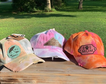 Tie Dye Ponytail Hat: Women's Messy Bun Hat, Custom Laser-Engraved Patch