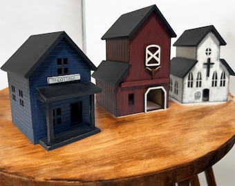BUNDLE: Miniature Primitive Barn, Cottage, Country Church; SET of 3