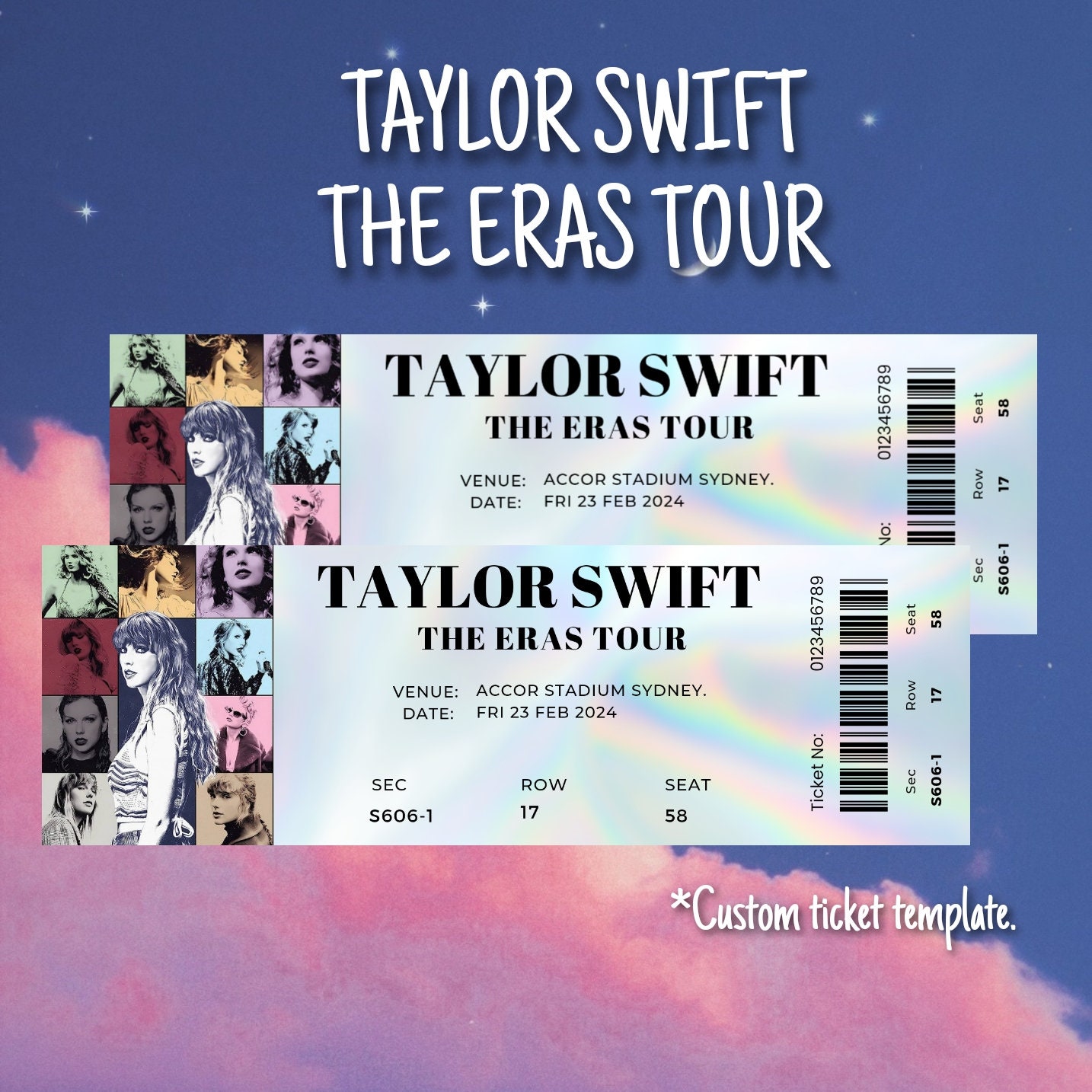 Taylor Eras Tour 2023 2024 Hologram Ticket, Taylor Concert Tickets, Eras Tour Tickets, Ears Tour