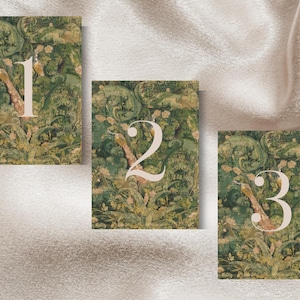 Green Tapestry Table Numbers | Instant Download, Canva Template, Printable Table Numbers