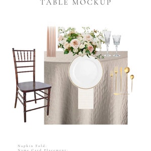 May include: A table setting mockup with a white tablecloth, a white plate with a gold rim, gold cutlery, a glass of water, and a bouquet of blush pink and white roses. A brown wooden chair is on the left side of the image.