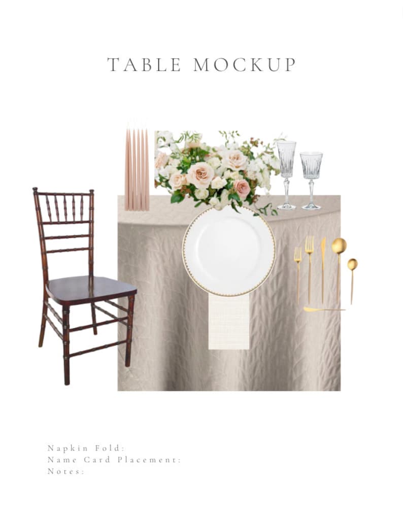 May include: A table setting mockup with a white tablecloth, a white plate with a gold rim, gold cutlery, a glass of water, and a bouquet of blush pink and white roses. A brown wooden chair is on the left side of the image.