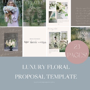 May include: A digital template for a luxury floral proposal. The template is fully customisable in Canva and includes 23 pages. The image shows a variety of floral arrangements and a woman standing in a garden.
