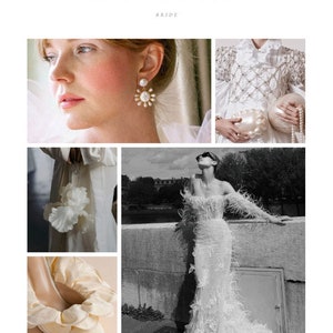 May include: A collage of images showcasing bridal fashion accessories. The top left image shows a woman wearing pearl and gold earrings. The top right image shows a woman wearing a white dress with pearl embellishments and holding a pearl clutch. The bottom left image shows a white ruffled shoe. The bottom right image shows a woman wearing a white gown with feather detailing and a pearl necklace.