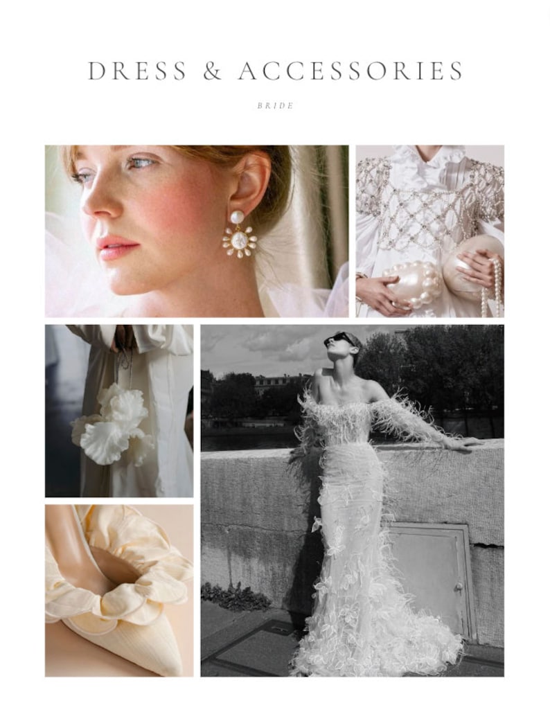 May include: A collage of images showcasing bridal fashion accessories. The top left image shows a woman wearing pearl and gold earrings. The top right image shows a woman wearing a white dress with pearl embellishments and holding a pearl clutch. The bottom left image shows a white ruffled shoe. The bottom right image shows a woman wearing a white gown with feather detailing and a pearl necklace.