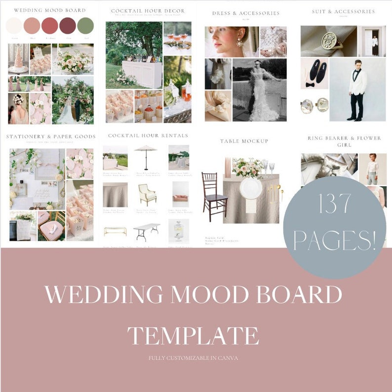 May include: A wedding mood board template with 137 pages, fully customizable in Canva. The template includes images of wedding decor, attire, stationery, and more.