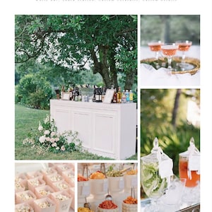 May include: A white bar with a snack station set up for a cocktail hour. The bar is decorated with flowers and has a variety of drinks and snacks. The snack station includes popcorn, chips, and other treats.