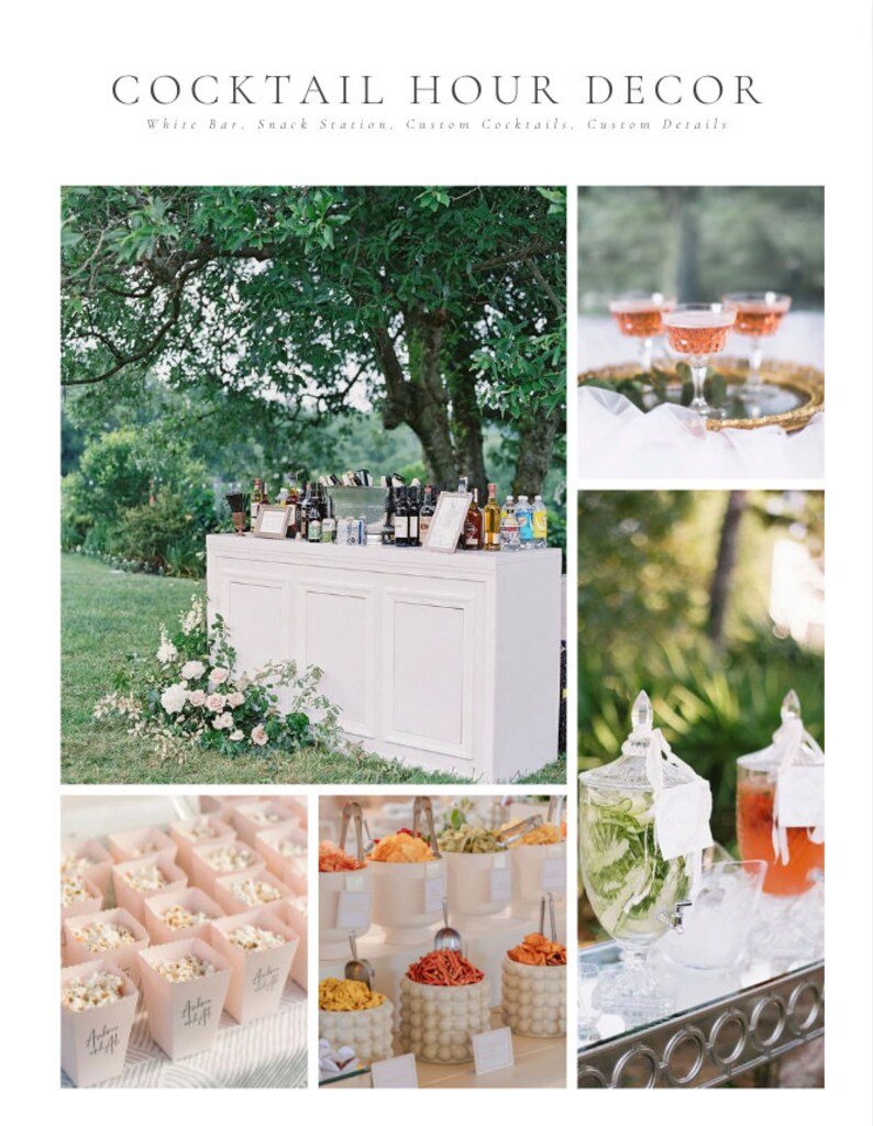 May include: A white bar with a snack station set up for a cocktail hour. The bar is decorated with flowers and has a variety of drinks and snacks. The snack station includes popcorn, chips, and other treats.