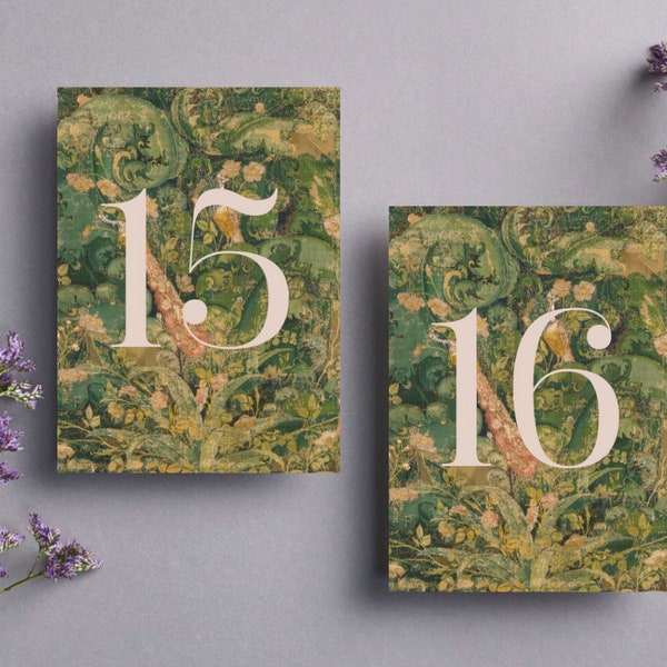 Green Tapestry Table Numbers | Instant Download, Canva Template, Printable Table Numbers