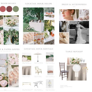 May include: A wedding mood board with images of a wedding dress, suit, flowers, stationery, and table settings. The color scheme is blush pink, green, and white.