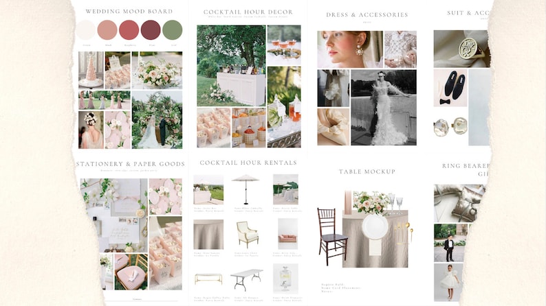 May include: A wedding mood board with images of a wedding dress, suit, flowers, stationery, and table settings. The color scheme is blush pink, green, and white.