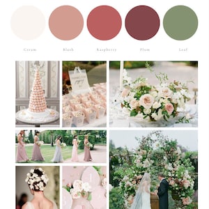 May include: A wedding mood board with a color palette of cream, blush, raspberry, plum, and leaf. The board features images of wedding details, including floral arrangements, table settings, and a wedding ceremony.