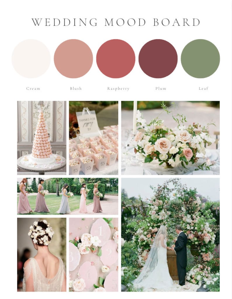 May include: A wedding mood board with a color palette of cream, blush, raspberry, plum, and leaf. The board features images of wedding details, including floral arrangements, table settings, and a wedding ceremony.