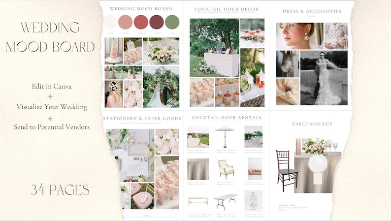 May include: A wedding mood board with images of a wedding dress, floral arrangements, a cocktail bar, and a table setting. The mood board is divided into sections with titles such as "Wedding Mood Board", "Cocktail Hour Decor", "Dress & Accessories", "Stationery & Paper Goods", "Cocktail Hour Rentals", and "Table Mockup". The mood board also includes a color palette with four shades of pink and one shade of green. The text "34 Pages" is at the bottom of the mood board.
