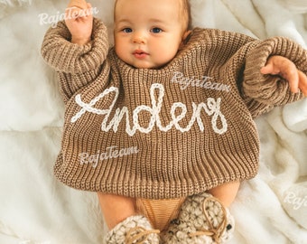 Personalized Hand-Embroidered Baby Sweater: Custom Name Knitwear, Pink Sweater for Girls, Unique Birthday Gift