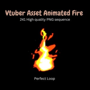 May include: Animated fire graphic with a yellow, orange, and red color scheme. The fire is set against a black background. The text "Vtuber Asset Animated Fire" and "241 High quality PNG sequence" is displayed above the fire. The text "Perfect Loop" is displayed below the fire.