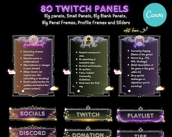 May include: A set of 80 Twitch panels in various styles and colors. The panels feature text such as "Announcement", "About Me", "Games", "Socials", "Twitch", "Playlist", "Discord", "Donation", "Tips", "Artwork", "TikTok", and "Goals".