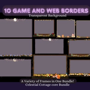 Może przedstawiać: Dziesięć cyfrowych ramek do gier i stron internetowych z przezroczystym tłem. Ramki mają estetykę cottagecore z grzybami, kwiatami i rogalem księżyca. Tekst "10 GAME AND WEB BORDERS" jest w neonowym różu.