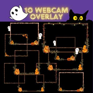 May include: Ten Halloween-themed webcam overlays with black frames and gold glitter. Each frame features a variety of spooky elements, including ghosts, pumpkins, and vines.