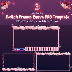 Pode incluir: Três molduras de streaming Twitch rosa e brancas com uma cerca de madeira rosa, nuvens e corações. As molduras são projetadas para o Dia dos Namorados e têm um tamanho de 1920 x 1080 pixels. O texto "Valentine day" e "Live" está incluído na imagem.