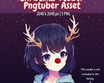 Könnte beinhalten: Eine digitale Illustration eines Cartoon-Anime-Charakters mit blauen Haaren, der einen blauen Hoodie und Rentiergeweihe trägt. Der Charakter hat eine rote Nase und violette Augen. Der Hintergrund ist dunkelviolett mit weißen Schneeflocken.