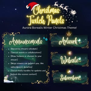 Panele Twitch Boże Narodzenie Zorza Polarna Zimowy Panel Stream Vtuber Info Channel Panel świąteczny Stream Pack PNGtuber Assets Canva Pro Template