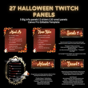 May include: A set of 27 Halloween-themed Twitch panels in a red, orange, and yellow color scheme. The panels feature various designs, including a ghost, a pumpkin, and a mushroom. The text on the panels includes "About Me", "House Rules", "Socials", "Game Type", "Artwork", and "Discord".