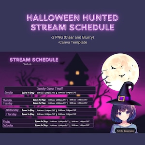 May include: A purple and black Halloween-themed stream schedule with a spooky background featuring a haunted house, a full moon, and bats. The schedule lists the days of the week with times for playing games. The text "Spooky Game Time!" is at the top of the schedule. The image also includes an illustration of a girl with purple hair wearing a witch's hat.