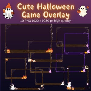 May include: Ten digital overlays for streaming featuring a Halloween theme. The overlays are in a purple and brown colour scheme with a wooden frame, spiderwebs, and cute ghosts and pumpkins. The text "Cute Halloween Game Overlay" is at the top of the image.