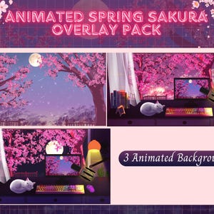 Cozy Stream Animated Overlay Spring Sakura Vtuber Asset Twitch Cherry Blossom StreamElements Twitch Animated Overlay Pack Pink Purple OBS