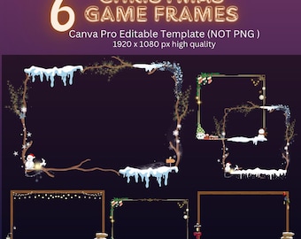 May include: Six Christmas-themed game frames with a wintery design. The frames feature snow, branches, lights, and a snowman. The text "CHRISTMAS GAME FRAMES" is displayed in gold letters. Canva Pro Editable Template (NOT PNG) 1920 x 1080 px high quality.