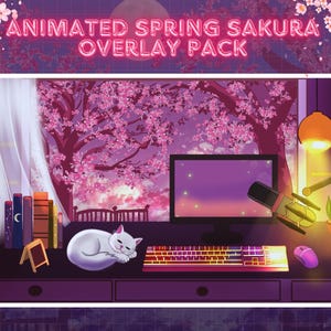 May include: Animated spring sakura overlay pack with a pink and purple background. The overlay features a window with a view of a cherry blossom tree, a desk with a computer, keyboard, mouse, microphone, and a white cat sleeping on the desk.