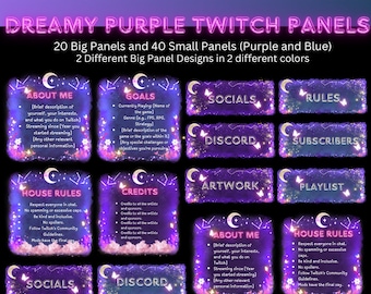 May include: A set of 60 Twitch panels in purple and blue with a dreamy aesthetic. The panels feature a crescent moon, stars, and butterflies. The panels are labeled with text such as "About Me", "Goals", "Socials", "Discord", "Artwork", "Rules", "Subscribers", "Playlist", "House Rules", and "Credits".