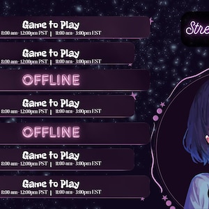 May include: A purple and pink streamer schedule template with a starry background. The schedule lists the days of the week and times for streaming games. The template also features an illustration of an anime girl with purple hair.