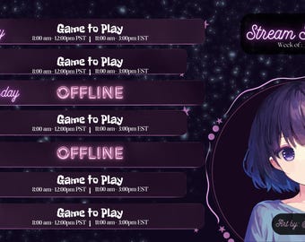 Puede incluir: Una plantilla de programación de transmisión en morado y rosa con un fondo estrellado. La programación enumera los días de la semana y las horas para transmitir juegos. La plantilla también presenta una ilustración de una chica de anime con cabello morado.