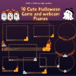 Könnte beinhalten: Zehn süße Halloween-Webcam-Rahmen mit Holzmaserung. Die Rahmen zeigen Kürbisse, Geister und Spinnweben. Die Rahmen sind perfekt, um Ihren Online-Streams eine gruselige Note zu verleihen.