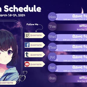 Puede incluir: Un programa de transmisión en directo morado y rosa con una chica de anime de dibujos animados en la esquina. El programa enumera los días de la semana con los horarios de transmisión de "Game to Play" y los días "Offline".