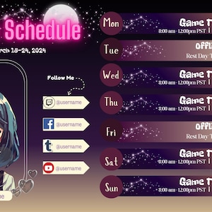 May include: A purple and black streamer schedule for the week of March 18-24, 2024. The schedule includes the days of the week, times, and games to play. The schedule also includes a section for social media links and a space for a Vtuber art image.