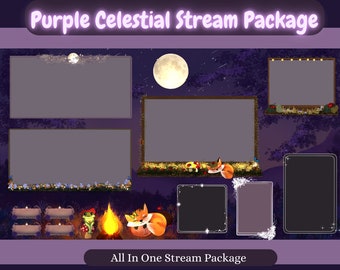 Pacote de fluxo celestial roxo Sobreposição sonhadora Roxo Stinger Transição Alerta animado Twitch Frame Panel Webcam Borders Fundo Vtuber